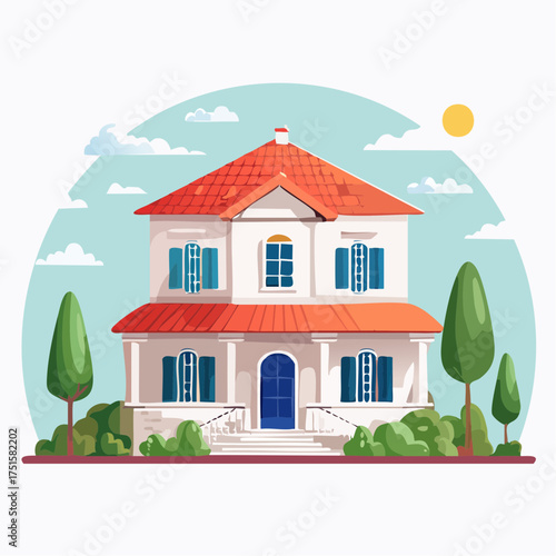 Elegant family home construction concept illustration. Vector graphic of a residential building with a red roof for real estate marketing