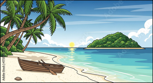 A serene tropical beach scene with a small rowboat on the sand, palm trees swaying gently, and a distant island under a clear blue sky at sunset