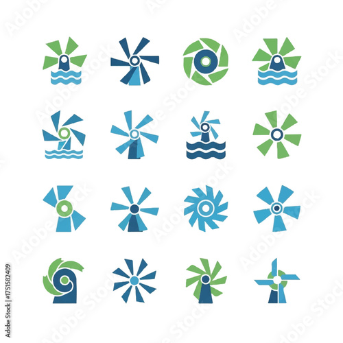 Collection of abstract windmills representing renewable energy sources for sustainable future, showcasing ecofriendly technology and environmental awareness.