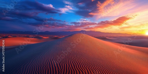 Fototapeta Naklejka Na Ścianę i Meble -  A vast, golden desert landscape with sand dunes under a dramatic, colorful sunset sky.