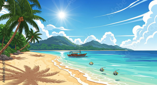 A vibrant tropical beach with palm trees, a boat with people, and colorful fish swimming in the crystalclear turquoise water under a bright sun