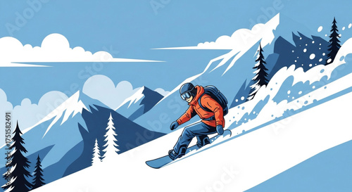 A snowboarder in an orange jacket carves down a snowy mountain slope, surrounded by snowcovered peaks and pine trees under a bright blue sky with clouds