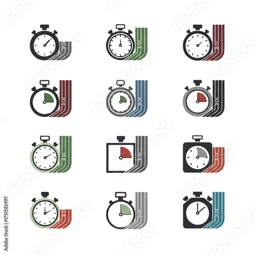 Collection of stylized stopwatch symbols indicating time passage with colorful lines on white backdrop, representing urgency and deadlines.