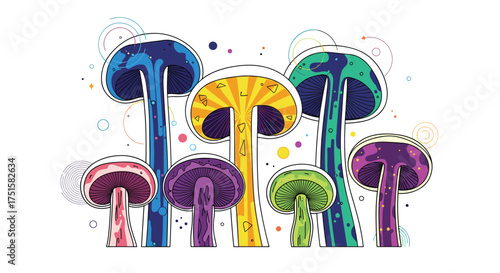 A vibrant and colorful collection of surreal mushrooms in a whimsical forest.