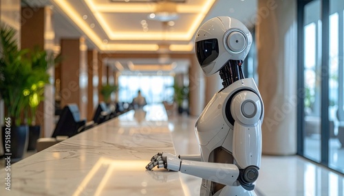 Humanoid Robot Receptionist Modern Hotel Lobby Welcome