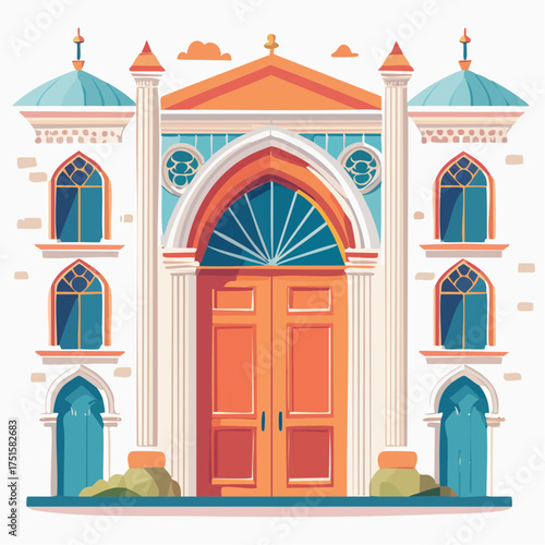 An elegant architectural construction featuring a grand arched doorway, symmetrical windows, and decorative domes in a vibrant illustration