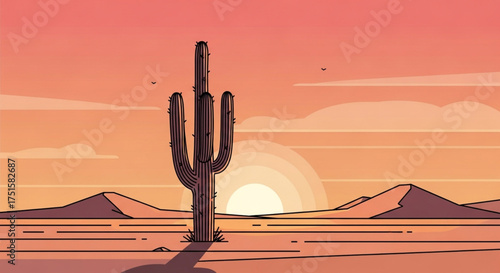 A serene desert landscape unfolds with a majestic saguaro cactus silhouetted against a vibrant sunset, evoking the tranquility and beauty of the arid wilderness