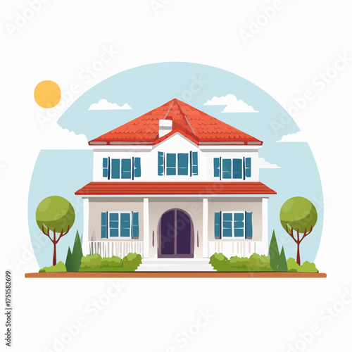 Charming family home illustration, representing a successful residential construction project with classic architecture, a vibrant red roof, and lush green landscaping