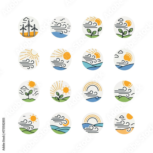 Wind turbines and sun power energy sources in nature landscapes representing renewable resources and eco friendly solutions for a sustainable future.