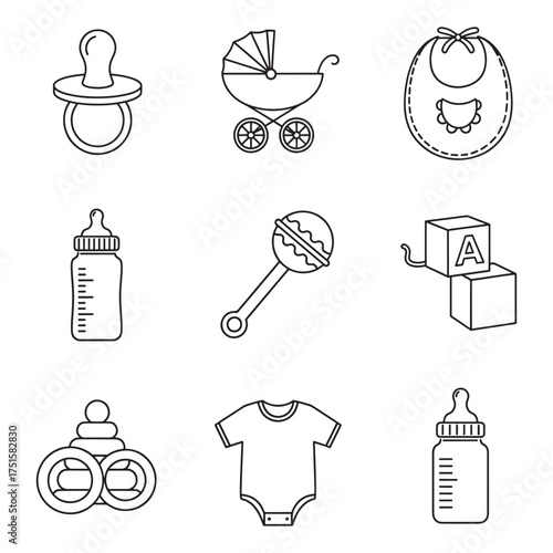 Charming baby essentials line drawing icons for newborn photography and designs