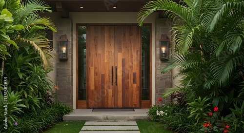 Elegant Wood Doorway with Tropical Landscaping