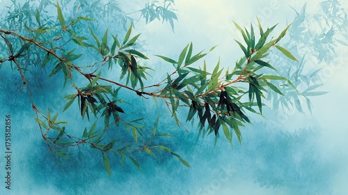 Delicate and Serene Nature Scene: Abstract Watercolor Painting of Bamboo Branches with Misty Background