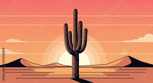 A solitary saguaro cactus stands tall against a backdrop of a desert sunset, capturing the essence of the arid landscape and the beauty of nature