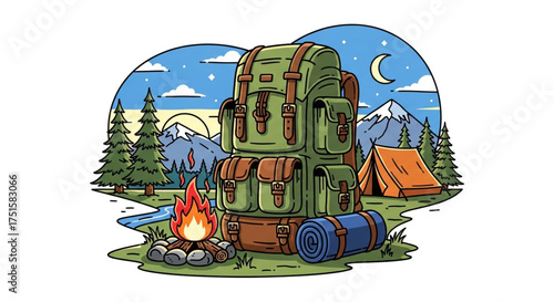 Camping equipment backpack, campfire, tent, and sleeping bag for outdoor adventure and nature exploration