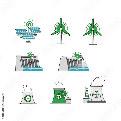 Renewable energy sources powering sustainable future with solar panels, wind turbines, and hydroelectric dams generating clean electricity in ecofriendly way.