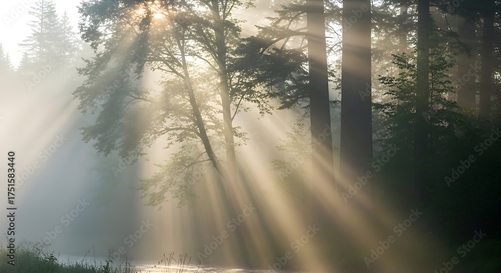 Fototapeta premium Sunbeams Through the Forest - A Serene Morning Scene.