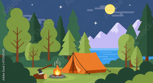 A cozy camping scene under the stars, featuring a tent, campfire, and mountain backdrop, perfect for outdoor adventure and nature enthusiasts