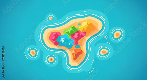 Colorful abstract island illustration with vibrant shapes and patterns, perfect for modern design and creative concepts