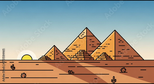 A minimalist illustration of the great pyramids of giza standing tall in the desert sand under a clear blue sky, with the sun setting in the background