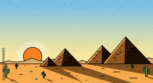 A minimalist illustration of the great pyramids of giza standing tall in the desert sand under a clear blue sky, with the sun setting