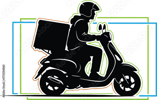 Delivery man in a helmet riding a black scooter or moped with a large courier box on the back, vector silhouette illustration for fast food, shipping, and delivery services. 