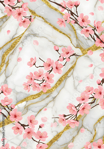 Cherry blossom branches on marble with gold veins