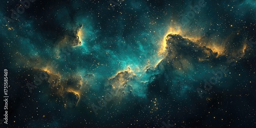 A vast, colorful nebula with blue and green hues, surrounded by stars and gas clouds, set against a dark, starry backdrop.