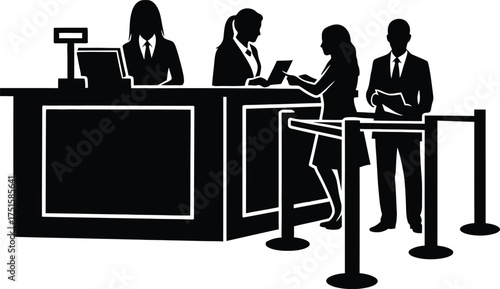 Customers and staff at a reception or check-in counter waiting in line in a black and white silhouette vector illustration.
