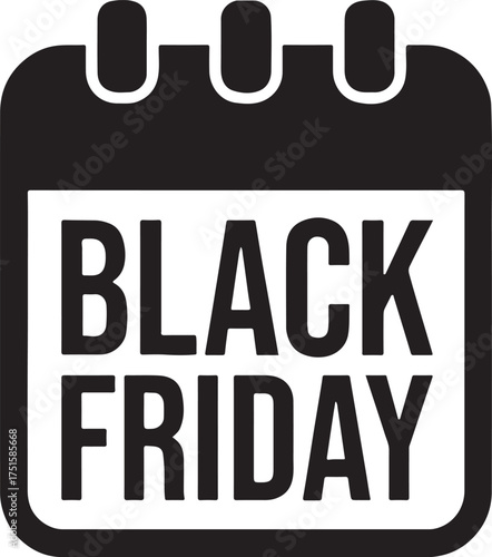 Black Friday calendar icon design representing sale dates, promotions, events, and shopping deals.