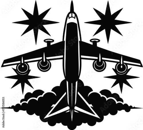 Black airplanes top view. Military jet fighter silhouette icons Strategic Military Power Modern Fighter Jet Soaring in Black Illustration