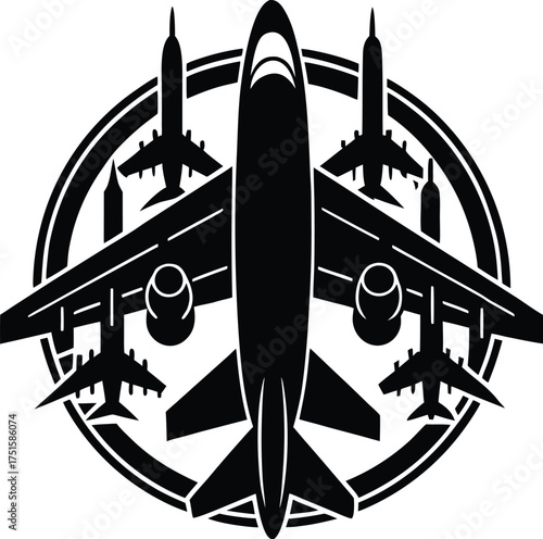 Black airplanes top view. Military jet fighter silhouette icons Strategic Military Power Modern Fighter Jet Soaring in Black Illustration