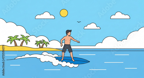 A surfer rides a wave on a sunny day, a vibrant illustration of summer fun and beach lifestyle