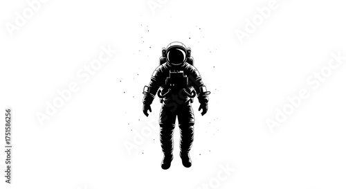 Astronaut floating in space, black and white minimal art.