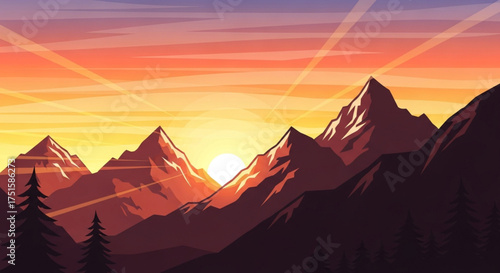 A breathtaking sunset paints the sky with vibrant hues over a majestic mountain range, casting long shadows and creating a serene and aweinspiring landscape