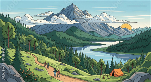 A scenic view of hikers on a trail through a lush green landscape with mountains, a lake, and a tent, capturing the beauty of nature
