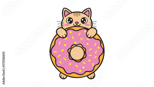 Cute Cat with Donut Vector | Funny Kawaii Food Illustration for Café Branding
