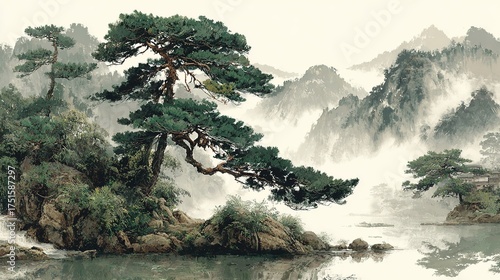 AI Generated Art: Traditional Chinese Painting with Original View, Featuring Mountains, Trees, and Cultural Motifs