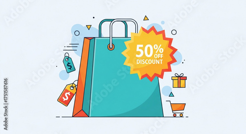 A shopping bag with a 50 off discount tag, surrounded by a gift box and shopping cart, , promoting a sale