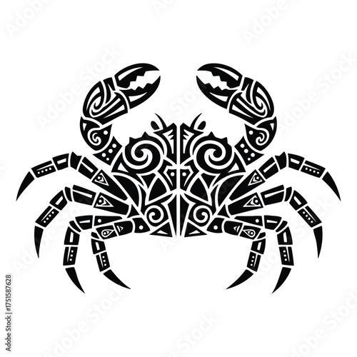 Intricate black tribal-style crab illustration on white background