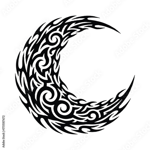 Black and white crescent moon graphic with tribal style patterns on a plain white background.