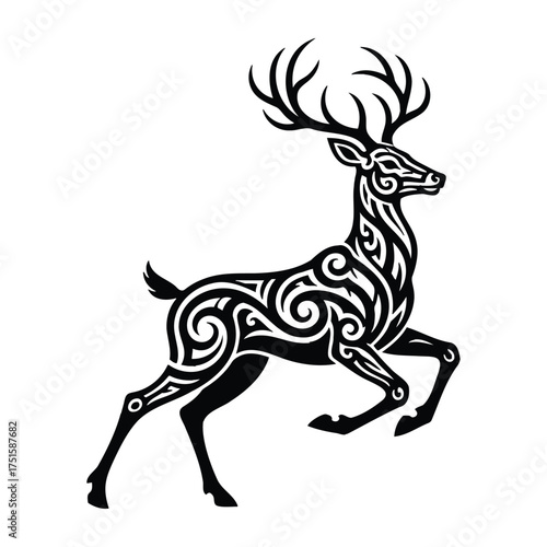 Black and white illustration of a running deer with tribal patterns on a plain background