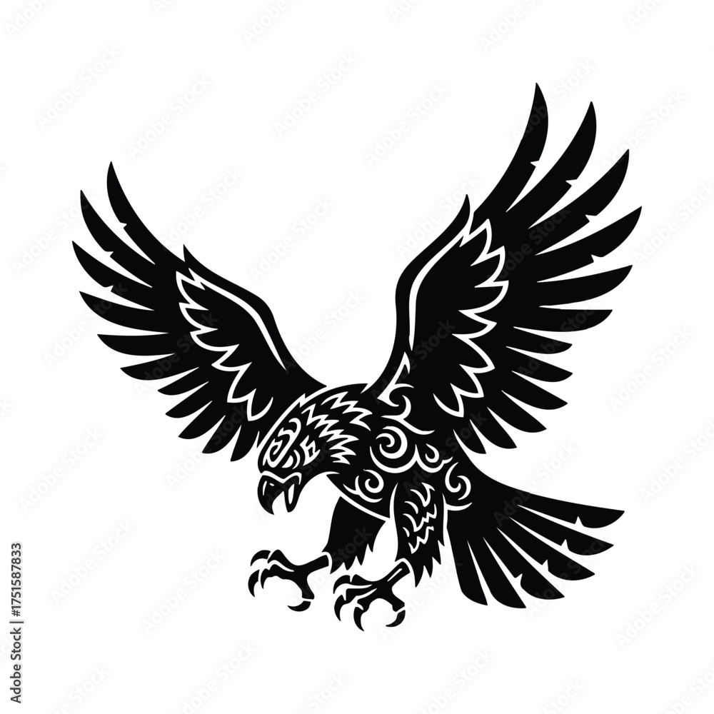 Fototapeta premium Black silhouette of an eagle with tribal patterns on a white background