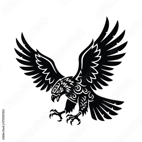 Black silhouette of an eagle with tribal patterns on a white background