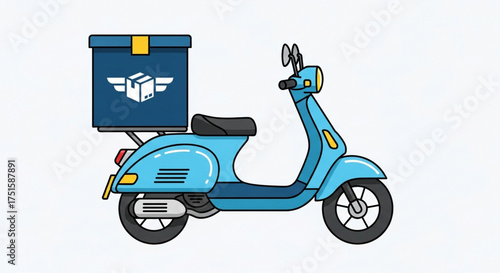A light blue scooter with a delivery box on the back the scooter has a yellow headlight and a black seat