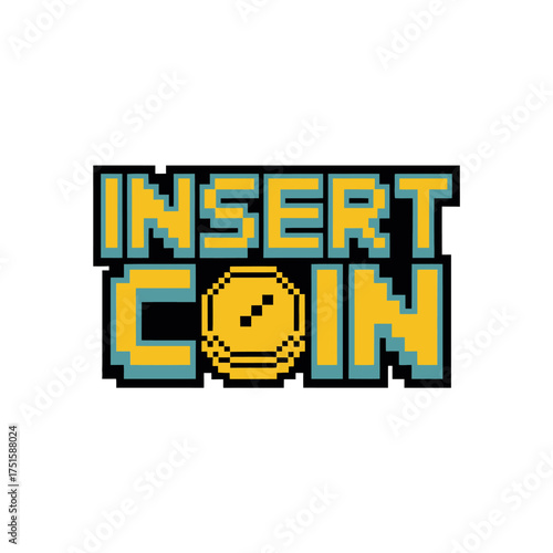 Insert coin pixel text, arcade typography, retro title screen, nostalgia gaming, clean white layout, collectible sticker vector