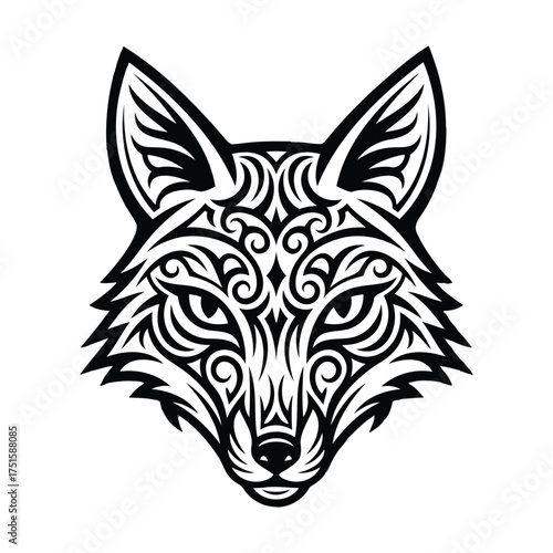 Intricate black and white illustration of a wolf's head with tribal patterns on a plain background.