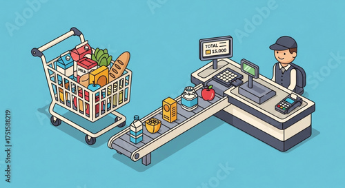 Isometric illustration of a supermarket checkout with cashier, conveyor belt, and shopping cart filled with groceries on a blue background