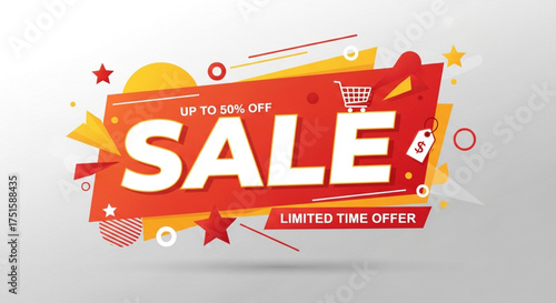 Eyecatching sale banner with a vibrant design, featuring a limited time offer and up to 50 off discount