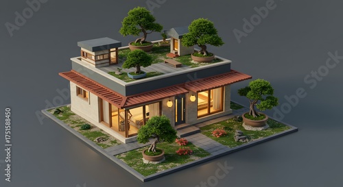 Modern Isometric House with Rooftop Garden and Bonsai Trees