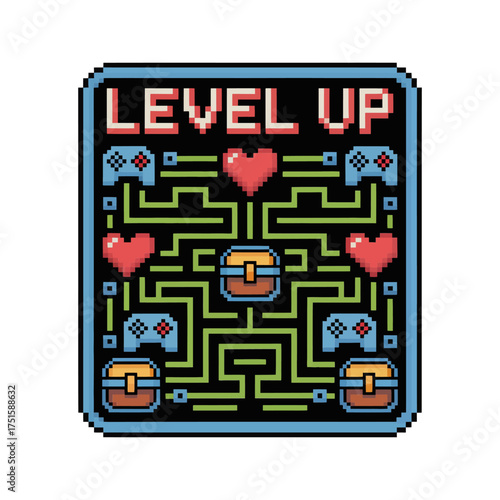 Level up game board, maze paths, hearts and controllers, cyan frame, retro challenge graphic, pixel art vector